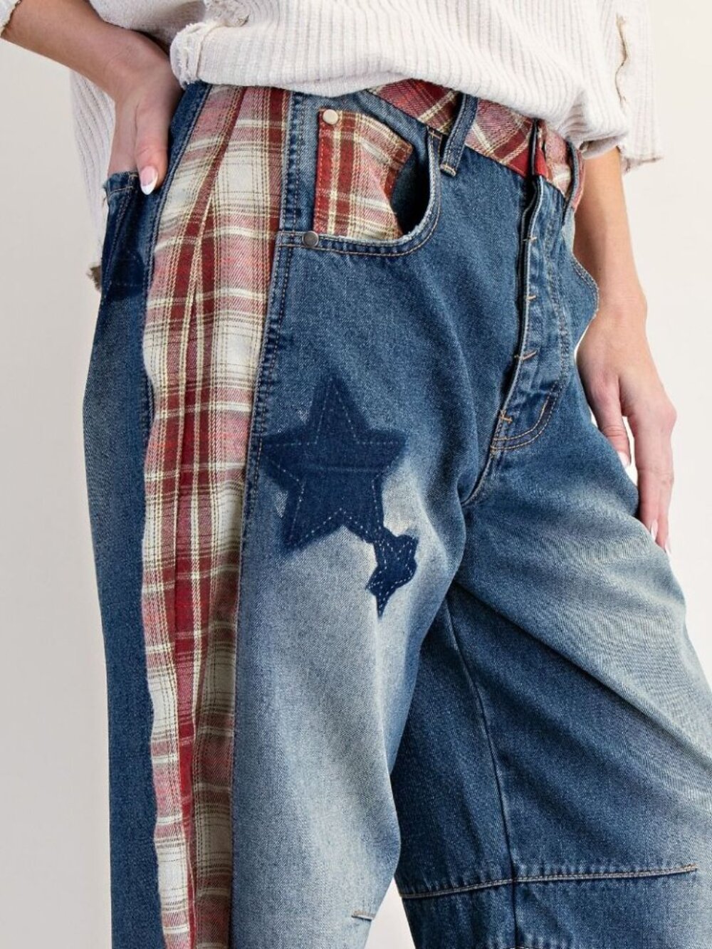 EASEL PLAID MIX STAR PRINT WASHED BARREL DENIM PANTS 70% COTTON 30% POLYESTER - Picture 3 of 4